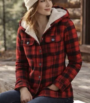 LL Bean Red Buffalo Plaid Fleece Lined‎ Flannel Hooded Shirt Jacket Shacket XS thumbnail 1