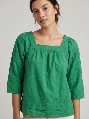 Soft Surroundings Emerald Square-Neck Eyelet Cotton Blouse thumbnail 1