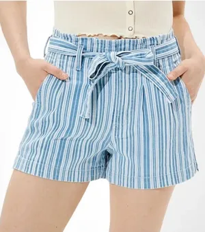 American Eagle Stretch Mom Short Size 6 Paperbag Belted Blue White Stripe Preppy thumbnail 1