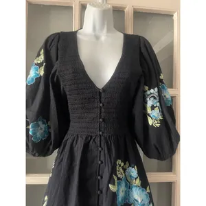ASOS DESIGN cotton poplin embroidery shirred bodice mini dress in black thumbnail 7