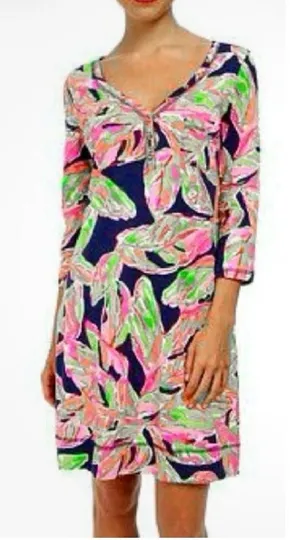 Lilly Pulitzer Palmetto V-Neck Pima Cotton Dress Pink Green Tropical Leaf XL thumbnail 1