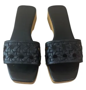Tory Burch Basketweave Leather Clogs Black Wood Platform‎ 9 thumbnail 1
