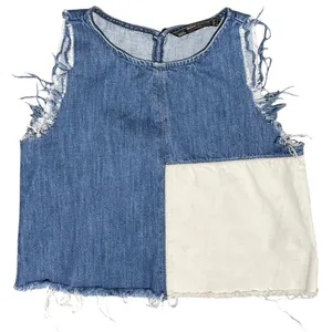 ZARA Patchwork 2-Tone Denim Raw Hem Tank Top Blue White Size Small 5575/012/400 thumbnail 16