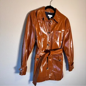 Topshop Brown Faux Patent Leather Trench Coat Jacket Womens 8 Preppy Fall Classy thumbnail 7