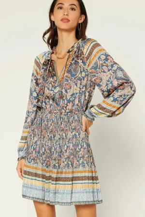 Current Air Bohemian Paisley Floral Printed Pleated Long Sleeve Mini Dress thumbnail 1