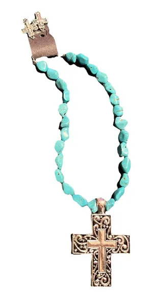 Necklace Matching Earrings Turquoise Beads Silver Cross Jewelry Set Boho Western thumbnail 1