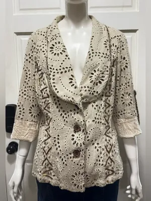Alberto Makali Eyelet Cotton Embroidered Button-Front Jacket in Cream C-28 thumbnail 1