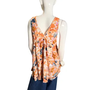 Rip Curl Orange Floral V-Neck Sleeveless Babydoll Tunic Top Medium thumbnail 2