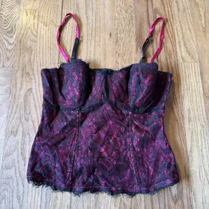 Moda International Magenta Pink Black Lace‎ Corset Top Underwire Silk Blend M thumbnail 6