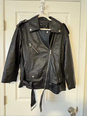ASOS DESIGN Petite Premium Real Leather Oversized Biker Jacket Black US 4 thumbnail 1