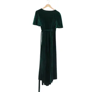 Simplee Dark Green Ribbed Velvet Wrap Dress Short Flutter Sleeve Midi Green M thumbnail 4