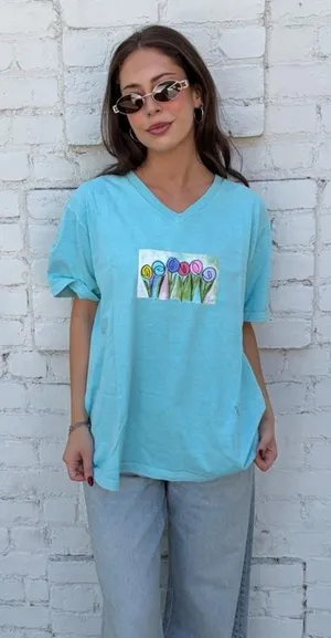 Vtg 90s fresh produce Blue cotton t-shirt with graphic tulips Size L #grandmacore #oversized thumbnail 1