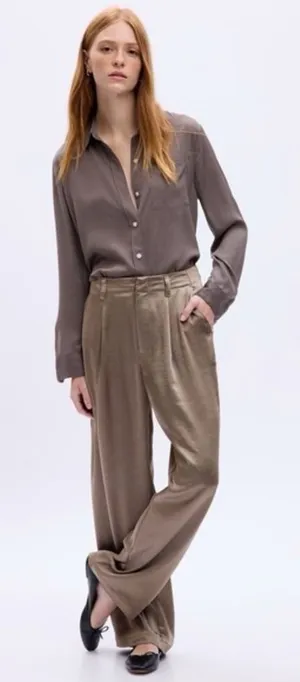 NWT GAP High Rise Pleated‎ Satin Trousers Cashmere Brown Wide Leg Pants thumbnail 1
