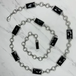 Womens Black Faceted Rhinestone Silver Tone Chain Belt Large (L/XL) ✨ thumbnail 1