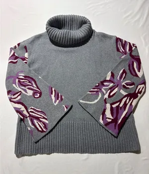 cabi Medium Gray Turtleneck Sweater with Funky Purple Leafy thumbnail 1