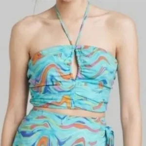 Wild Fable Women's Size XS Swirl Marble Halter Crop Top Aqua Blue Woven Smocked thumbnail 1