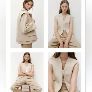 ZARA Women Beige Sleeveless Open Front Pocket Vest Blazer Oversized Medium thumbnail 2