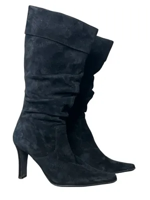 Vintage Bandolino Black Suede Slouch Point Toe Heeled Boots Y2K Size 7 thumbnail 1