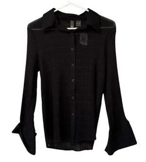 Serenade Women Sz Large Button Down Shirt Crinkle Stretch Black Office Chic NWT thumbnail 1