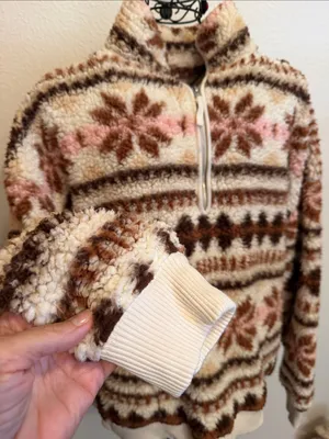 Aerie 🐏🐏🐏BOGOHO🐏🐏🐏 Cozy Cream and Brown Sherpa Quarter-Zip Sweater -Large thumbnail 5