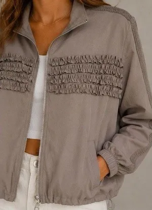 House of Mae Taupe Ruffle Zip Jacket Women’s Large Stretch Lightweight thumbnail 1