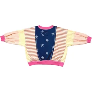 BIBI‎ Patchwork Pullover Sweatshirt Blue Pink Stars Stripes Boho Womens Large thumbnail 5