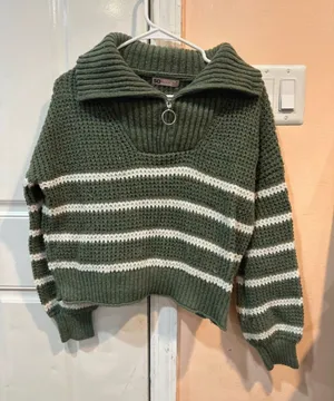 SO Olive Green and White Striped Zip-Collar Turtleneck Sweater thumbnail 1