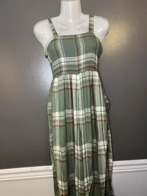 American Eagle Outfitters Jumpsuit Womens Small Green Plaid Smocked Pockets thumbnail 2