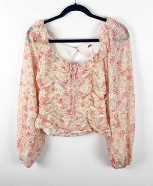 FREE PEOPLE Mabel Floral Ruching Sheer Balloon Sleeves Smocked Back Top Small thumbnail 1