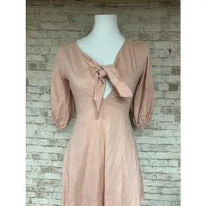 In The Beginning Size S Dress Blush Pink 3/4 Puff Sleeves‎ Tie Front Linen Short thumbnail 2