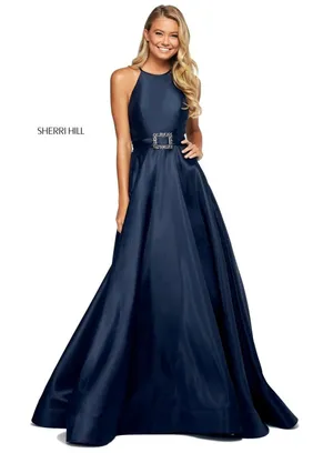 Sherri Hill 53659 Mikado A-Line Halter Gown‎ – Size 4 – Navy – NWT thumbnail 1