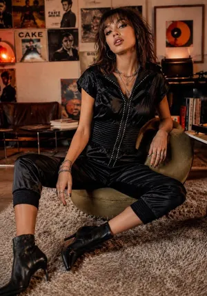 M by MADONNA Black Rhinestone Zip Front Cropped Catsuit Jumpsuit Size 8 thumbnail 1