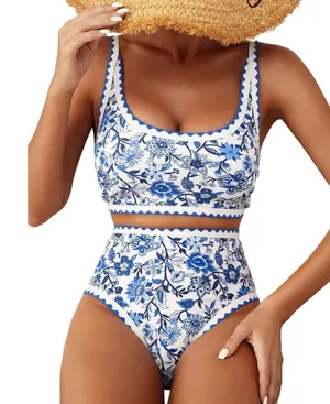 Womens Blue White Floral High Waisted Bikini Set Scallop Trim XL thumbnail 1