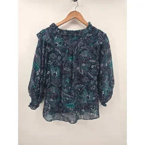 Anthropologie Blouse Womens‎ XS Floral Paisley Navy Blue Lace-Up Ruffle Blouse thumbnail 4
