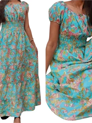 Women’s Floral Puff Sleeve Smocked Peasant Dress Midi Cottagecore Milkmaid thumbnail 2