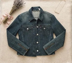 80s/90s Retro Levis Women Dark Wash Denim Trucker Jacket Zipper‎ Cuffs Size M thumbnail 1