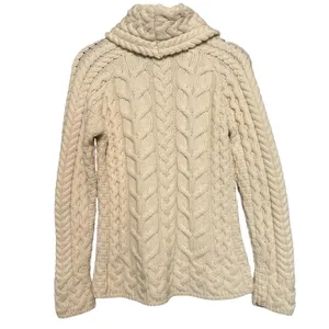 Aran Sweater Market Women’s Sz S Cream Merino Wool Cowl Neck Cable Knit Sweater thumbnail 3