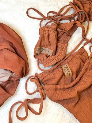 SHEIN Ribbed Burnt Orange Brown 3 Piece Tie Bikini Set Cover Up Sarong Medium thumbnail 5