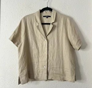 Quince 100% Linen Button Down Top in Tan Size Small thumbnail 3