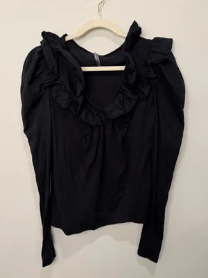 By Anthropologie Black Ruffle Puff Sleeve Long Sleeve Top Size XS‎ thumbnail 1