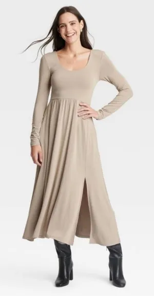 A New Day NWT Womens Tan Long Sleeve Scoop Neck‎ Empire Waist Midi Dress Medium thumbnail 1