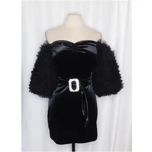 NWT!! ZARA Black Velvet Dress Ruffled Tulle Sleeves Rhinestone Party Cocktail thumbnail 3