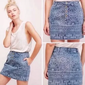 Free People School Daze Tribal Denim Mini Button Fly Skirt thumbnail 2
