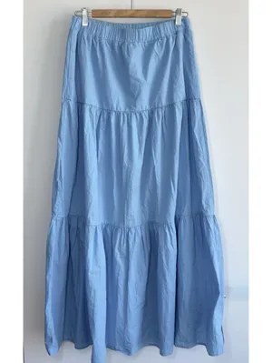 Hunter & Brown Blue Tiered Maxi Skirt Cotton Lined Elastic Waist Size Large thumbnail 8