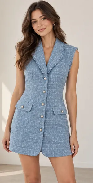 Maeve Anthropologie Blue Tweed Sleeveless Blazer Mini Dress Preppy Mod Quiet Luxury Size 6 thumbnail 1