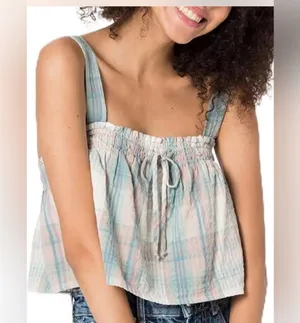 American Eagle Cropped Plaid Tank Top with Drawstring, Great Condition thumbnail 1