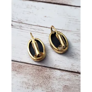 Vintage Clip On Earrings - Black Gem Oval Shape 0.75" thumbnail 5