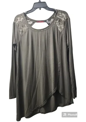 BKE‎ red Lace Shoulder Long Sleeve Olive Green Tunic Top with Cutout Size L thumbnail 1