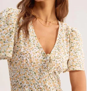 Rihoas Yellow Floral V-Neck Mini Dress thumbnail 2