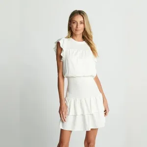 Anthropologie Sundays White Smocked Mini Dress Cotton Ruffle Sleeve - Size M thumbnail 2
